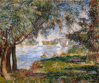 10cm x 8.3cm Blick durch Bäume auf Segelboote in Bougival von Pierre Auguste Renoir