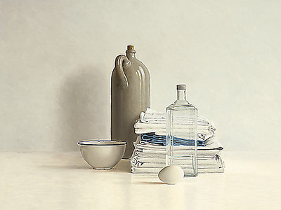 150cm x 112.5cm Jar, Bottle, Egg, Bowl and Cloths von Willem de Bont