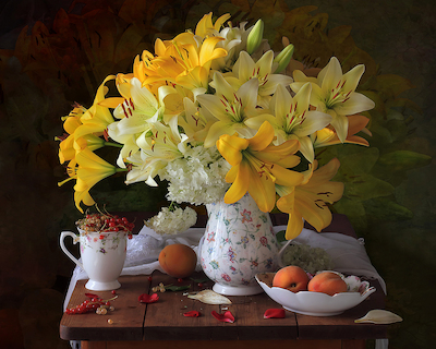 Array Still life with a bouquet of lilies and fruits von Tatyana Skorokhod