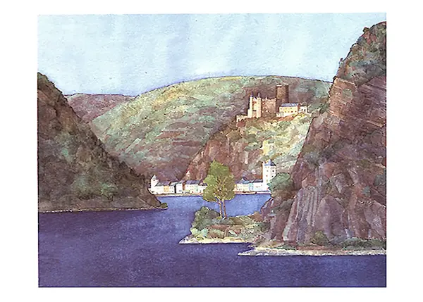 70cm x 50cm St. Goarshausen und Burg Katz, Rhein von Helga Westphal