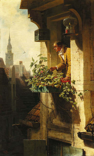 Array Mann beim Gießen des Blumenkastens (Die Dachstube I) von Carl Spitzweg