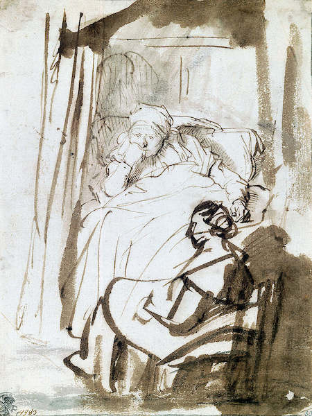 Array Saskia im Bett mit Krankenschwes von Rembrandt van Rijn