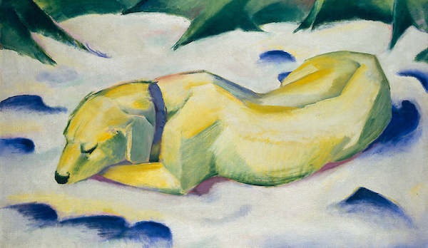 100cm x 58cm Liegender Hund im Schnee von Franz Marc