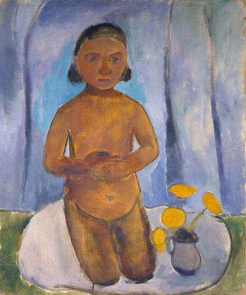 Array Kniendes Kind vor blauem Vorhang von Paula Modersohn-Becker