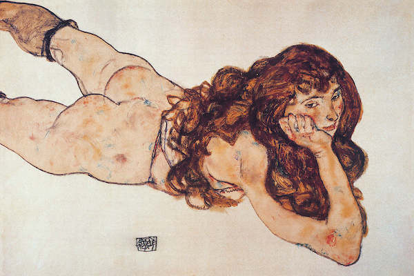 Array Auf dem Bauch liegender Akt von Egon Schiele