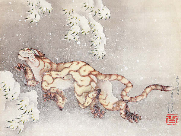 Array Tiger in einem Schneesturm von Katsushika Hokusai