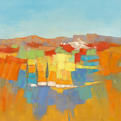 100cm x 100cm Le village aux 3 cyprès von Pivier-Attolini,Régine